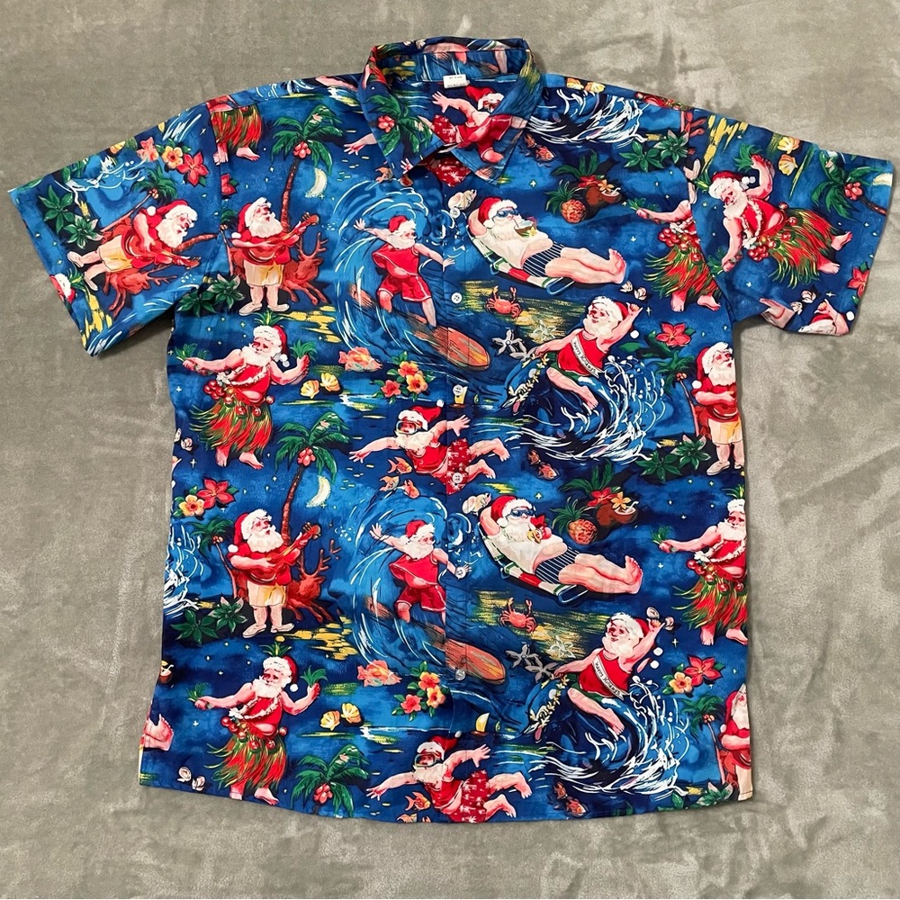 Tropical Santa Hawaiian Shirt XXL Blue Surfing Hula Christmas Holiday Party 2XL
